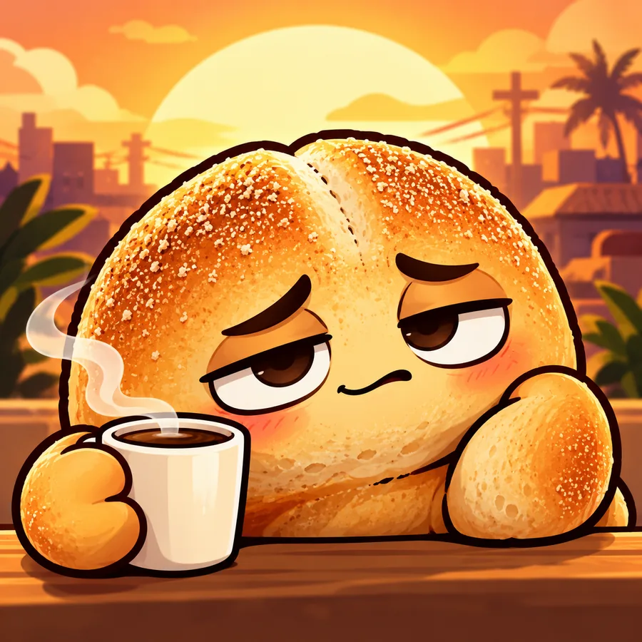 Sleepy Panny with a coffee against a warm Filipino sunrise